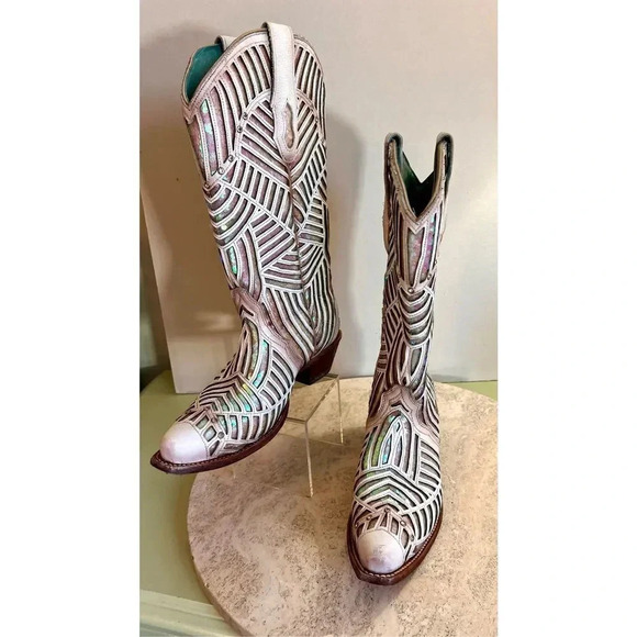 Coral Womens Ivory Pink Sequins Rhinestone Leather Cowgirl Western Boots Size 7M - Picture 2 of 12